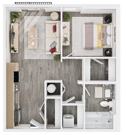 Floor plan for 1 bed, 1 bath, 609 sqft
